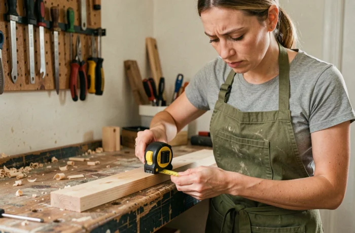 Femme débutante en bricolage mesurant une planche en bois dans un atelier domestique modeste