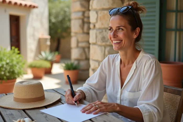 Femme écrivant une carte bonne vacances à la main sur une terrasse méditerranéenne ensoleillée entourée de coquillages et d'un chapeau de paille