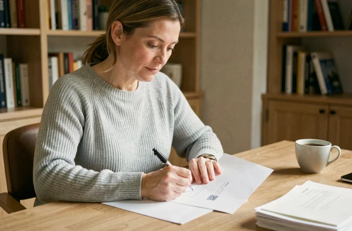 Femme écrivant soigneusement un complément d'adresse sur une enveloppe postale à son bureau à domicile