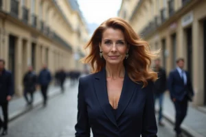 Femme élégante aux cheveux châtains dans une rue parisienne pavée, style sophistiqué à l'image de Sophie Marceau