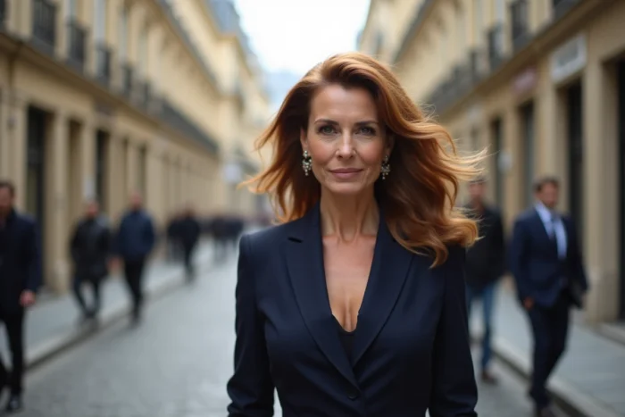 Femme élégante aux cheveux châtains dans une rue parisienne pavée, style sophistiqué à l'image de Sophie Marceau