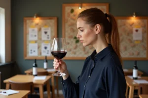 Femme en formation oenologie tenant un verre de vin rouge dans une salle de cours spécialisée, financement CPF