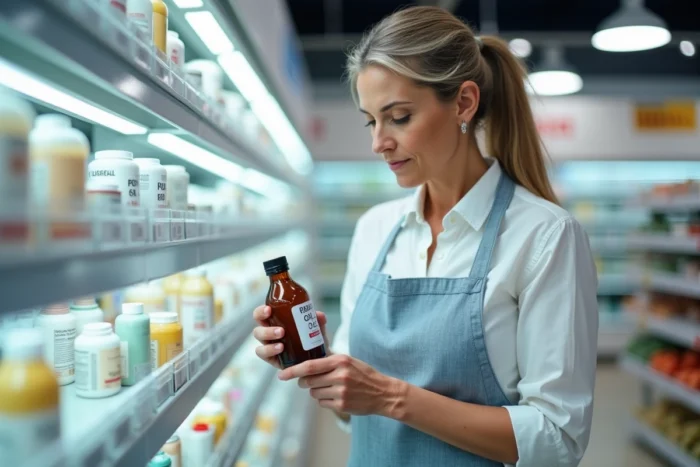 Femme lisant l'étiquette d'une bouteille d'alcool alimentaire à 90 degrés en magasin