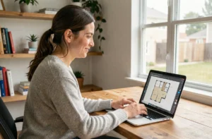 Femme utilisant un logiciel gratuit de plan de maison sur son ordinateur portable dans un bureau à domicile moderne