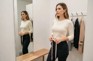 Femme mesurant sa taille avec un mètre ruban dans une cabine d'essayage H&M pour choisir la bonne taille de vêtements