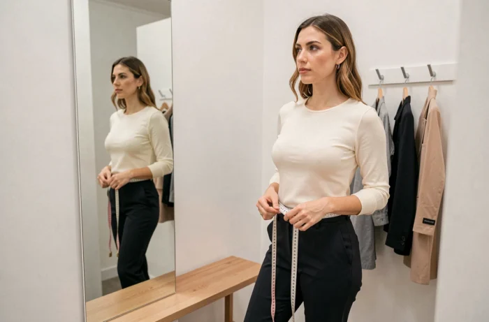 Femme mesurant sa taille avec un mètre ruban dans une cabine d'essayage H&M pour choisir la bonne taille de vêtements