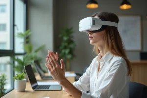 Femme portant un casque de réalité augmentée dans un bureau moderne high-tech