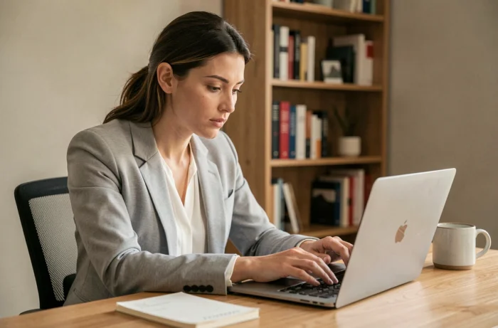 Femme en blazer gris consultant son CV sur un ordinateur portable dans un bureau à domicile moderne, illustrant la recherche d'emploi en ligne
