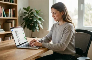 Femme utilisant une plateforme de recherche d'emploi en ligne sur son ordinateur portable dans un bureau à domicile moderne