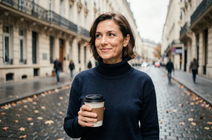 Femme souriante dans une rue pavée parisienne en automne, tenant un café, portrait lifestyle pour article biographie