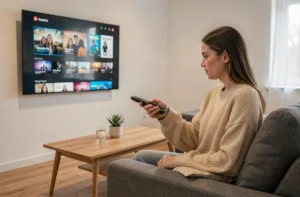 Femme regardant une plateforme de streaming sur sa télévision depuis son canapé dans un salon moderne