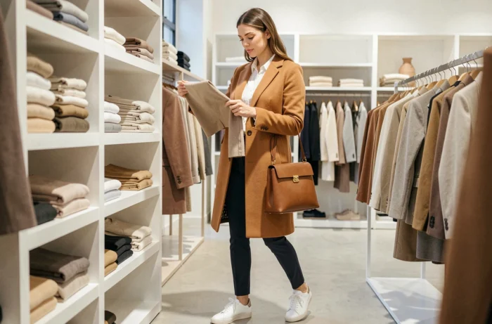 Femme stylée en manteau camel feuilletant des vêtements dans une boutique de mode contemporaine