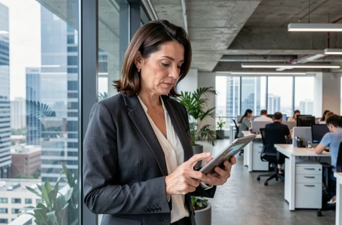 Femme professionnelle consultant les tendances boursières sur une tablette dans un bureau en open space