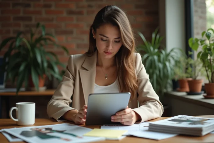 Jeune femme consultant les dernières tendances sur une tablette dans un bureau maison minimaliste avec magazines et plantes