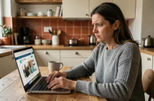 Femme vérifiant une annonce sur un site de vente en ligne pour éviter une arnaque lors d'un virement bancaire