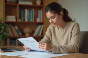 Femme vérifiant son dossier de location avec des documents administratifs sur un bureau en bois à domicile