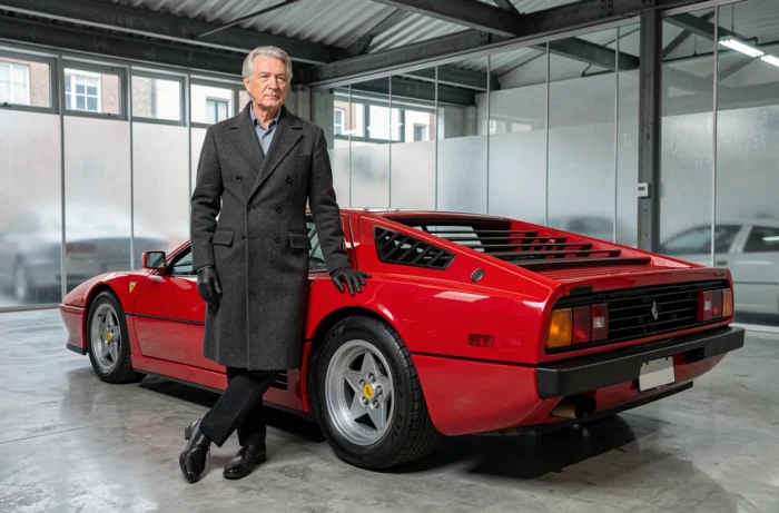 Homme belge élégant en manteau de laine à côté d'une Ferrari Testarossa rouge dans un showroom de voitures de prestige à Anvers