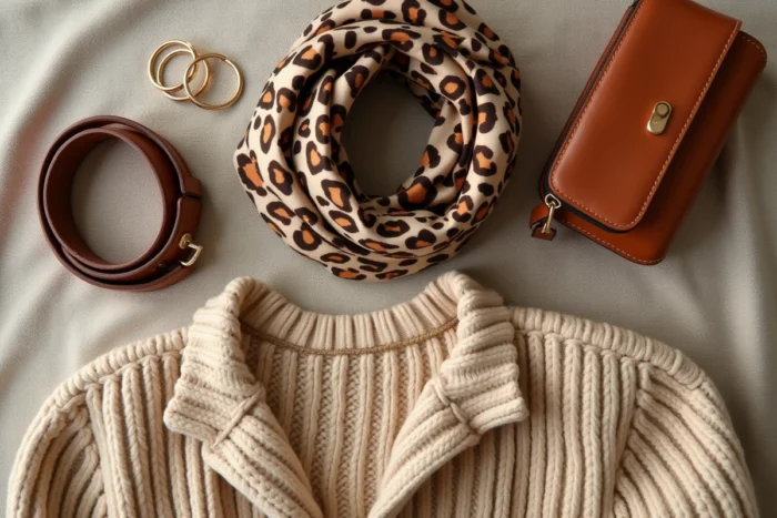 Flat lay mode avec accessoires tendance de saison incluant sac en cuir cognac, foulard en soie et pull torsadé beige