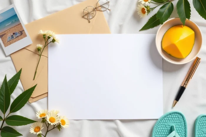 Vue de dessus d'une carte bonne vacances manuscrite entourée de fleurs séchées, d'un stylo vintage et d'accessoires de plage sur un tissu blanc