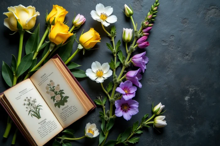 Arrangement de fleurs symbolisant la trahison roses jaunes anémones et digitales sur ardoise avec livre botanique ancien