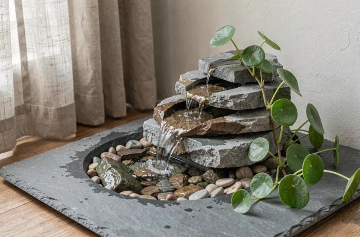 Fontaine d'intérieur en pierre naturelle avec rochers de rivière et plante pilea dans un coin minimaliste
