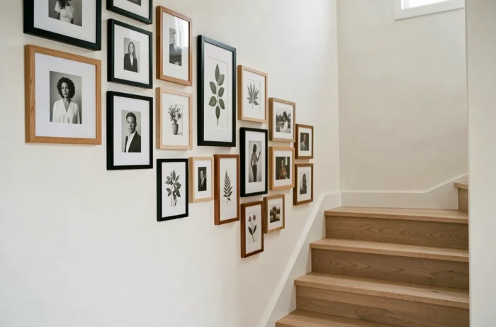Galerie de cadres photos et illustrations alignés en diagonale le long de la pente d'un escalier en frêne, mêlant cadres noirs et chêne naturel sur un mur blanc chaud.