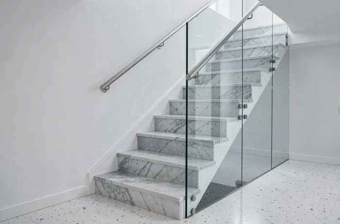 Garde-corps en verre transparent à fixations chromées sur un escalier en marbre gris, conforme à la norme NF P01-012, offrant une sensation d'ouverture et de légèreté.