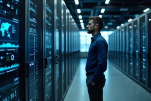 Technicien en sécurité informatique gérant un système de protection électronique centralisé dans un centre de données moderne avec panneaux de contrôle et serveurs en réseau