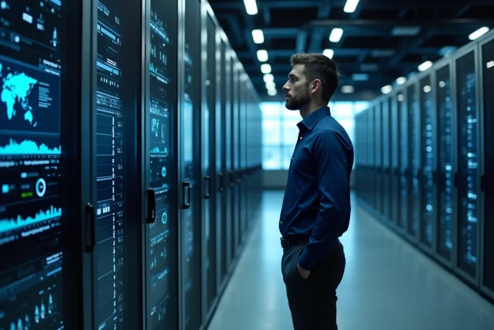 Technicien en sécurité informatique gérant un système de protection électronique centralisé dans un centre de données moderne avec panneaux de contrôle et serveurs en réseau