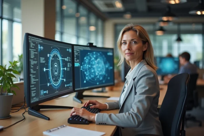 Ingénieure en sécurité réseau configurant une architecture de protection électronique décentralisée sur poste de travail en open space dans une entreprise moderne
