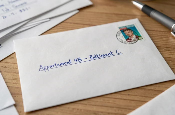 Gros plan d'une enveloppe postale avec un complément d'adresse manuscrit incluant le numéro d'appartement et de bâtiment