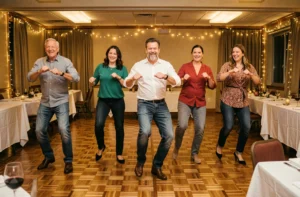 Groupe d'adultes dansant le madison en ligne dans une salle festive décorée avec des guirlandes lumineuses