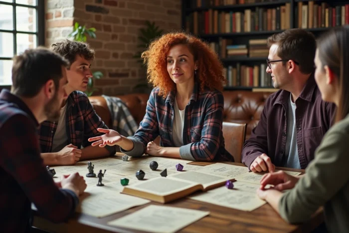 Groupe d'adultes jouant à un jeu de rôle autour d'une table avec des dés polyédriques et des fiches de personnage