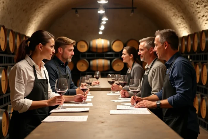 Groupe d'adultes en formation oenologie pratiquant une dégustation professionnelle dans une cave avec financement CPF