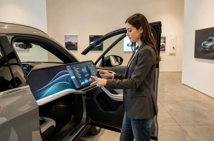 Femme explorant l'habitacle high-tech d'un SUV futuriste dans un showroom automobile, tendances intérieures et connectivité
