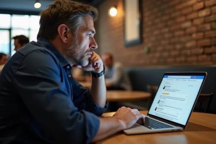 Homme analysant des avis en ligne sur Gadrov sur un ordinateur portable dans un café moderne