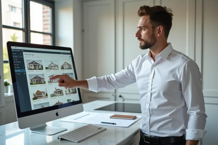 Homme analysant des offres immobilières en ligne sur un ordinateur de bureau dans une cuisine moderne