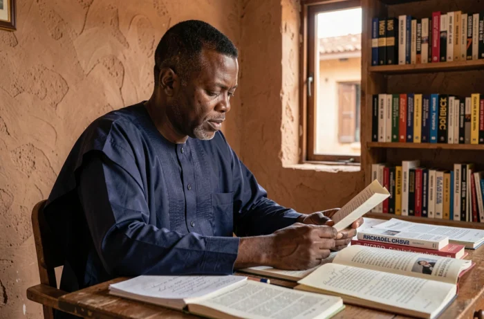 Homme béninois en boubou indigo étudiant des dictionnaires français dans un bureau traditionnel à Cotonou, illustrant la controverse autour de la traduction et du terme kayakobeme