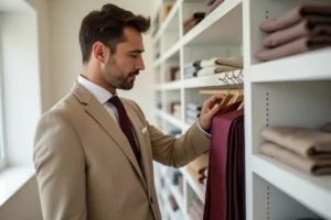 Homme en costume beige choisissant une cravate bordeaux sur un porte-cravates en bois dans un dressing minimaliste