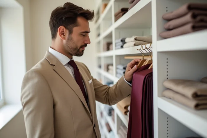 Homme en costume beige choisissant une cravate bordeaux sur un porte-cravates en bois dans un dressing minimaliste
