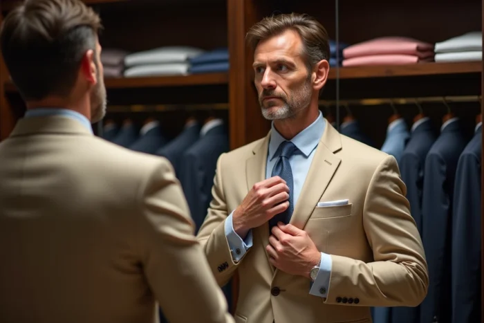 Homme en costume beige ajustant sa cravate bleue devant un miroir dans une boutique de mode masculine