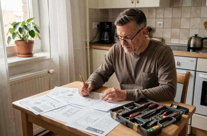 Homme adulte étudiant des cours de bricolage débutant sur une table de cuisine avec une boîte à outils ouverte