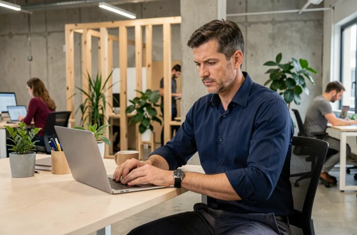 Homme consultant son CV sur un ordinateur portable dans un espace de coworking moderne pour trouver un emploi en ligne