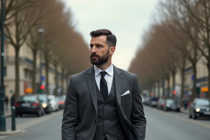 Homme élégant marchant sur un boulevard haussmannien à Paris, représentant la discrétion et le charisme d'un mari peu médiatisé