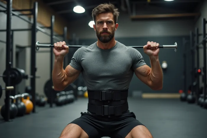 Homme effectuant un squat avec équipement de musculation dans une salle de CrossFit moderne