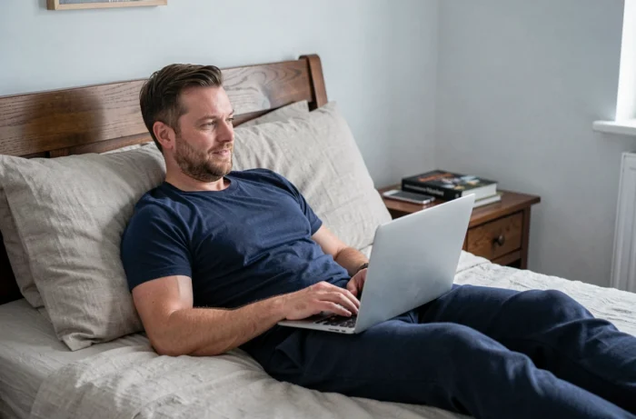 Homme regardant un film en streaming sur son ordinateur portable allongé dans sa chambre