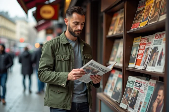 Homme élégant feuilletant un magazine devant un kiosque à journaux urbain avec une sélection de publications récentes