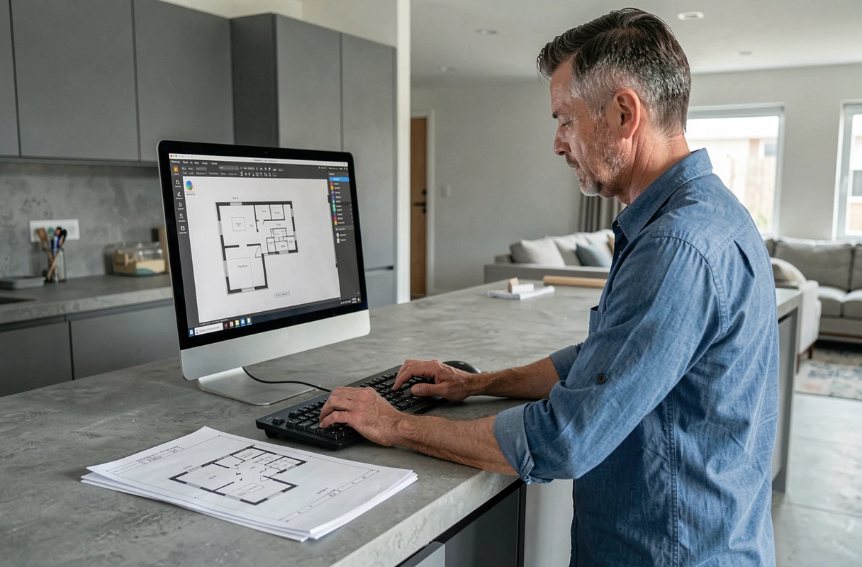 Homme debout dans une cuisine moderne consultant un logiciel gratuit de conception de plan de maison avec des blueprints sur le comptoir