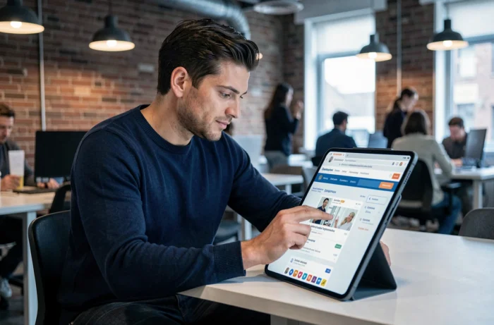 Jeune homme consultant des offres d'emploi sur une tablette dans un espace de coworking, symbolisant la recherche d'emploi numérique moderne