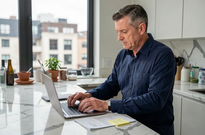 Homme consultant une adresse postale avec complément sur son ordinateur portable dans une cuisine moderne